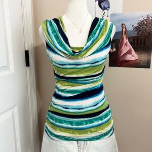 Iz Byer Blue and Green Striped Cowl Neck Tank Top